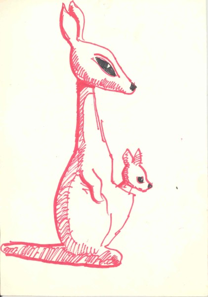 Рисунок кенгуру с детенышем, выглядывающим из сумки