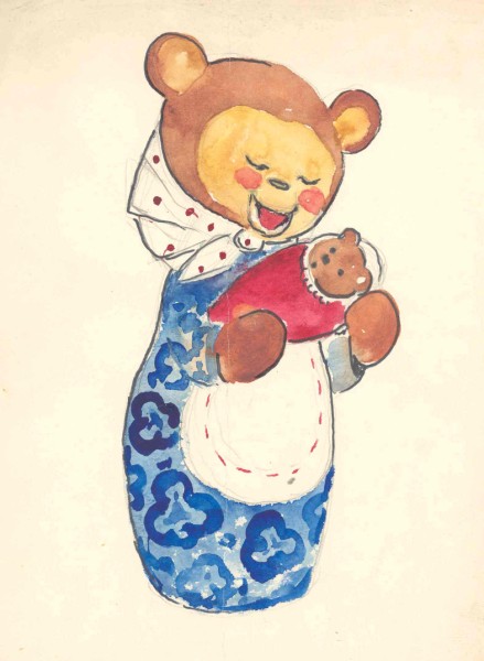 Рисунок мишки в женской одежде и косынке с малеьнким медвежонком в виде младенца